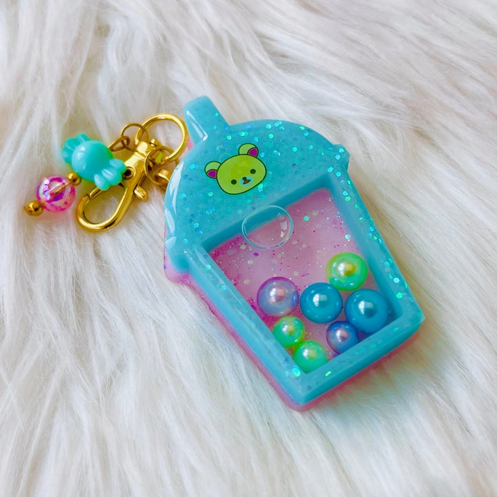 🧋 Blue Rilakkuma Boba Tea Resin Shaker Keychain